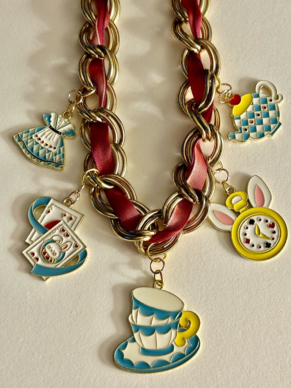 Necklace Alice in Wonderland enamel charms, French silk ribbon 🎀 chain 22”